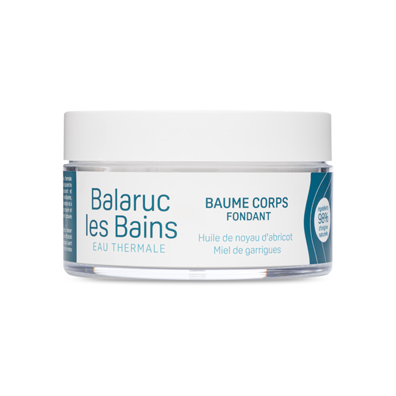 Pot fermé 200ml montrant le baume corps fondant au miel de Garrigues de Balaruc-les-Bains Eau thermale