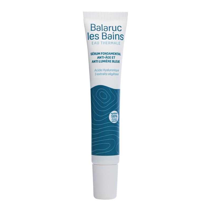 Tube de 20ml sur fond blanc présentant le sérum fondamental anti âge anti lumière bleue à l'acide